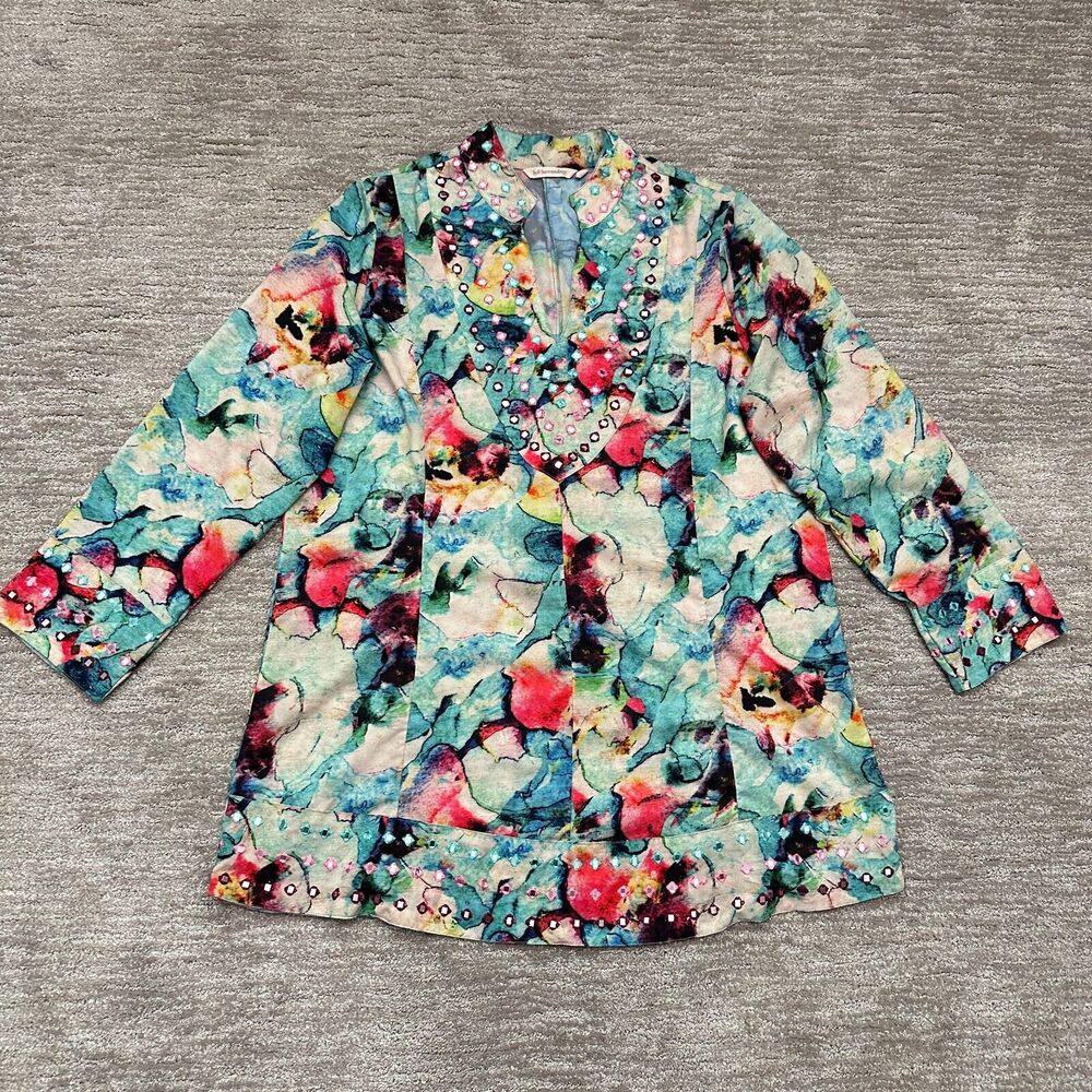 Soft Surroundings Top Womens Large Watercolor Floral Tunic Kurti Embellished